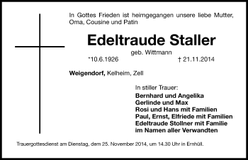 Traueranzeige von Edeltraude Staller von Hersbrucker Zeitung